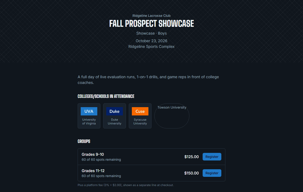 A branded public event page showing attending colleges, group pricing, and a register button